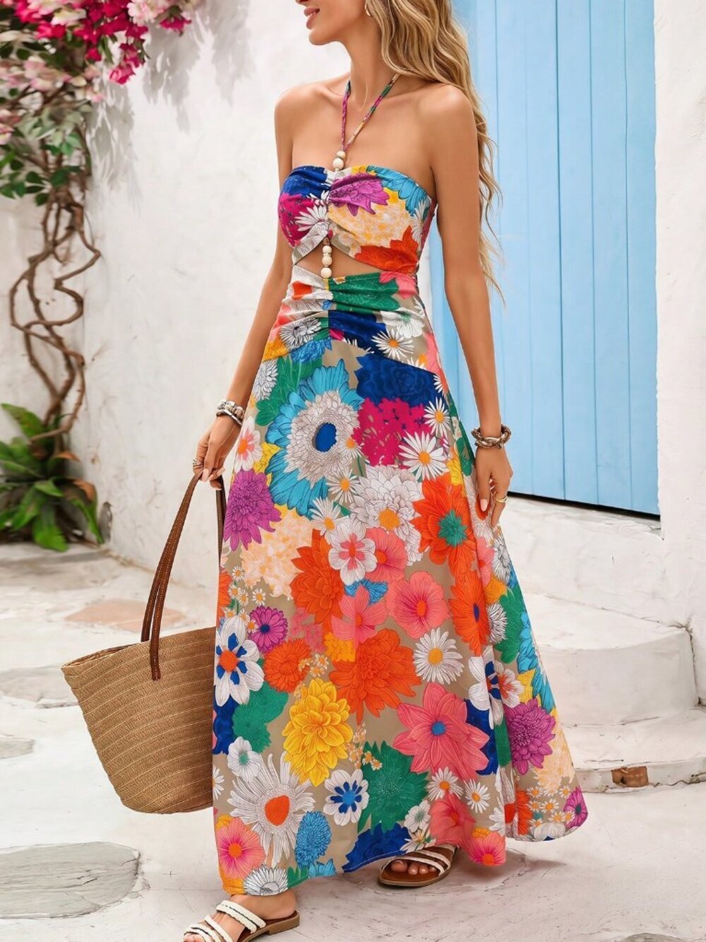 Multicolor Boho Women's  Vacation floral Printed Halter Neck Dress